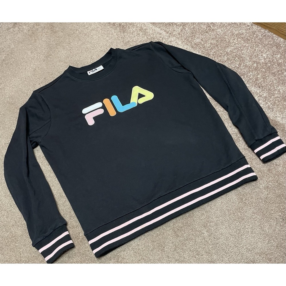 FILA sweatshirt embroidered Rainbow logo‎ pullover crewneck womens Black Large
